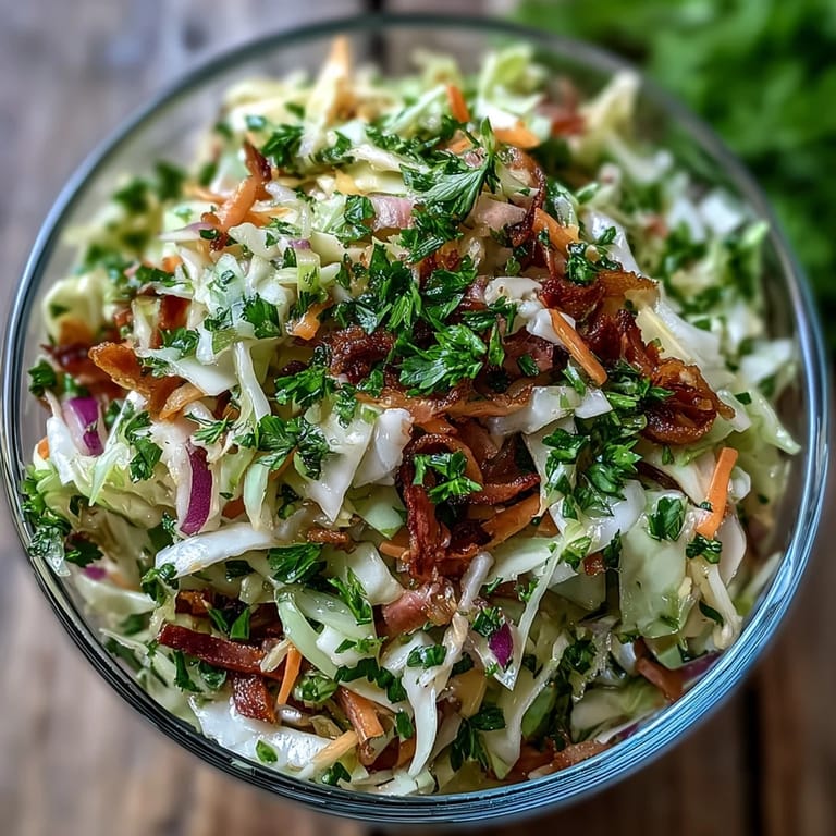 Crunchy German Cabbage Coleslaw with Shredded Ham resting on a wooden table, topped with a sprinkle of caraway seeds. Visible flecks of shredded red onion and crisp carrot contrast with the tender ham, showcasing the salad's fresh ingredients and zesty, appetizing appearance.