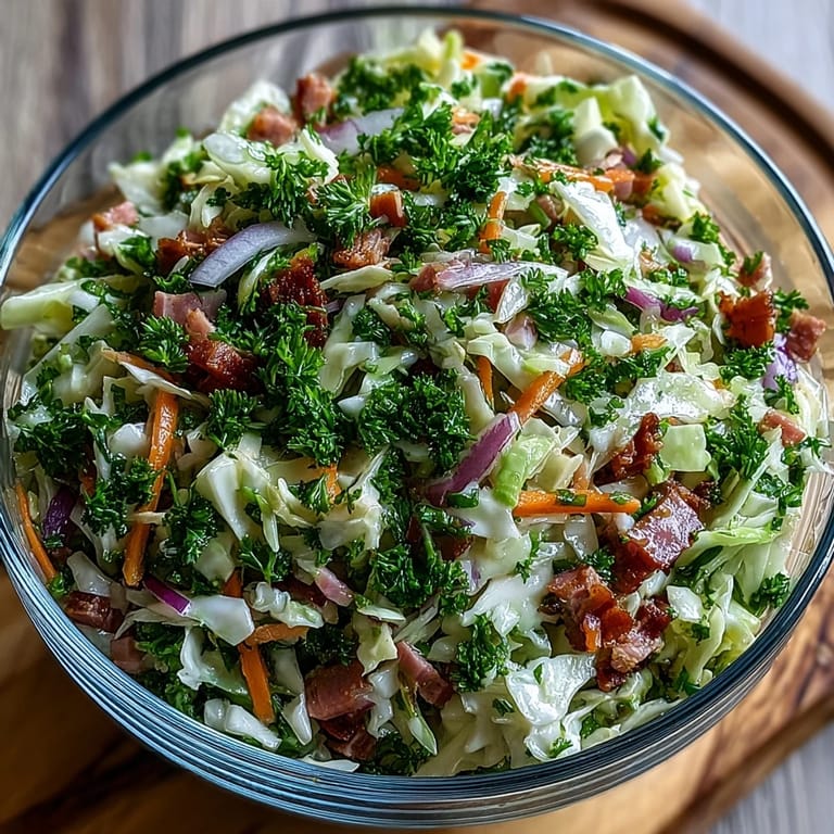 A close-up view of a bowl of German Cabbage Coleslaw with Shredded Ham, highlighting the juicy, shredded smoked ham nestled among crisp cabbage strands. Drizzles of the tangy Dijon dressing coat the vegetables, with a garnish of bright green parsley, evoking a fresh and smoky aroma.