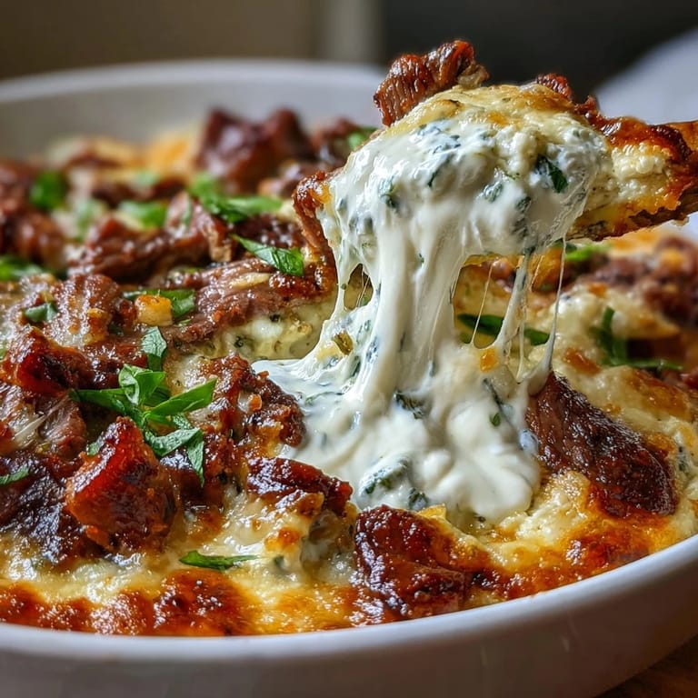 Creamy Philly Cheesesteak Dip with shaved ribeye, sautéed peppers and onions, spooned onto a crispy crostini, perfect for game day.