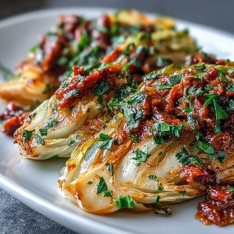 Tender cabbage wedges topped with bold, nutty romesco sauce and walnuts for a warm, hearty main dish.