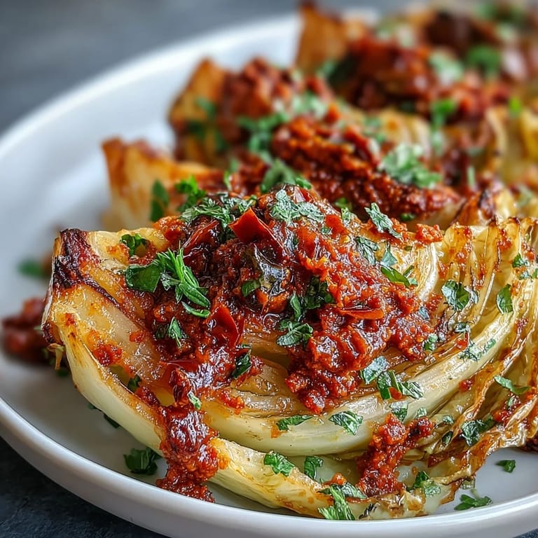Vegetarian Baked Cabbage Salad With Winter Romesco plated for a cozy dinner with vibrant red sauce drizzled over charred edges.