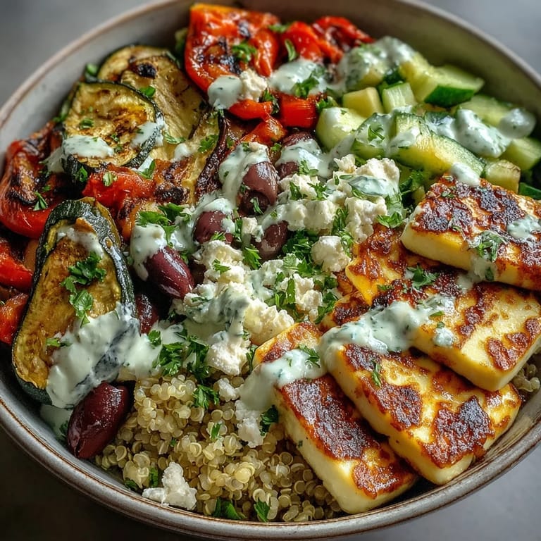 A beautifully arranged Mediterranean bowl featuring grilled halloumi, smoky eggplant, and quinoa topped with tzatziki. Perfect for a vibrant, healthy lunch. 