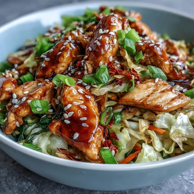 Quick weeknight Egg Roll Bowls with Chicken and Cabbage served over steamed rice, showcasing a satisfying crunch and tangy glaze.