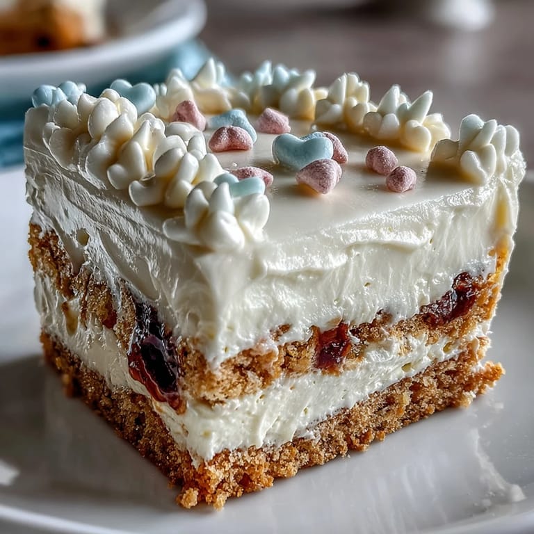 A close-up of the Candy Hearts Fake Cake shows a fluffy whipped frosting studded with crunchy pastel hearts. 