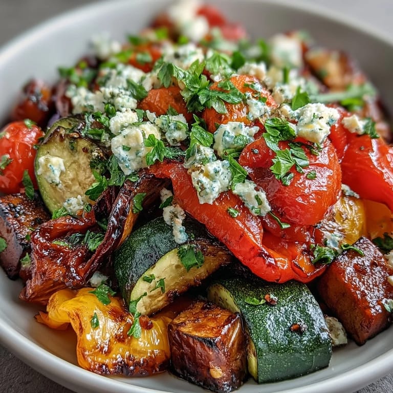 Vibrant platter of Roasted Mediterranean Greek Vegetables with cherry tomatoes and Kalamata olives, ready to serve alongside warm pita.