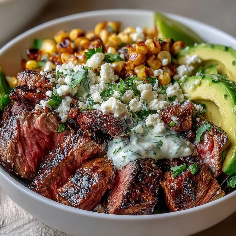 Freshly made cilantro cream sauce coats tender steak, roasted corn, and avocado in a Tex-Mex bowl with lime.