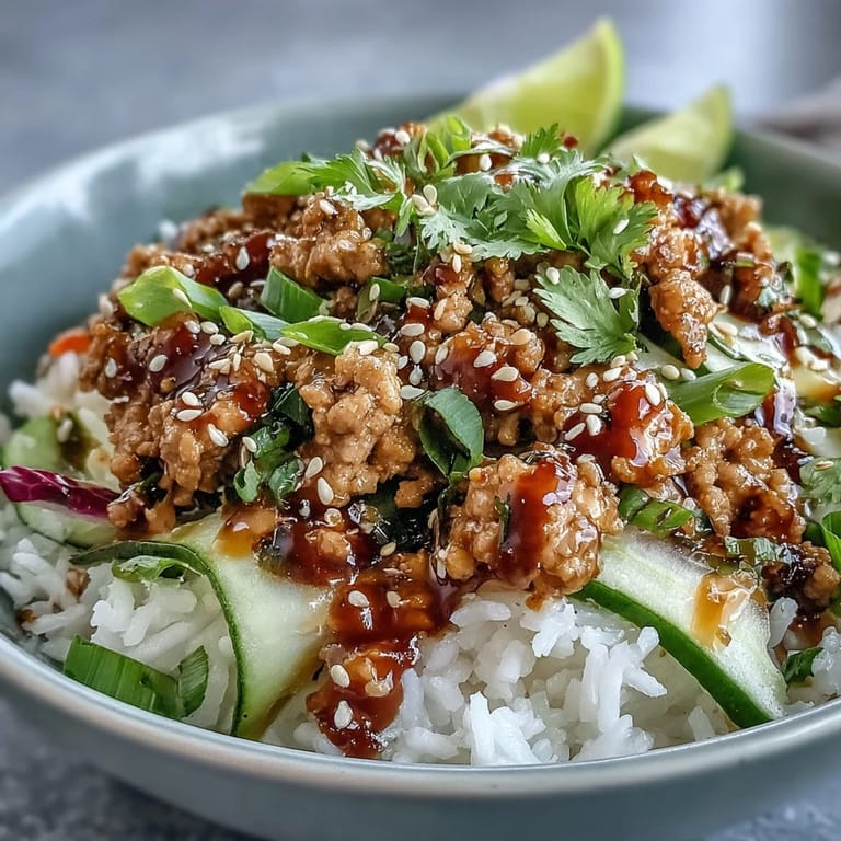 Close-up view of a steaming Bang Bang Ground Turkey Rice Bowl, highlighting tender ground turkey coated in tangy chili mayo sauce, piled high alongside crunchy julienned carrots, crisp cucumber, and purple cabbage.