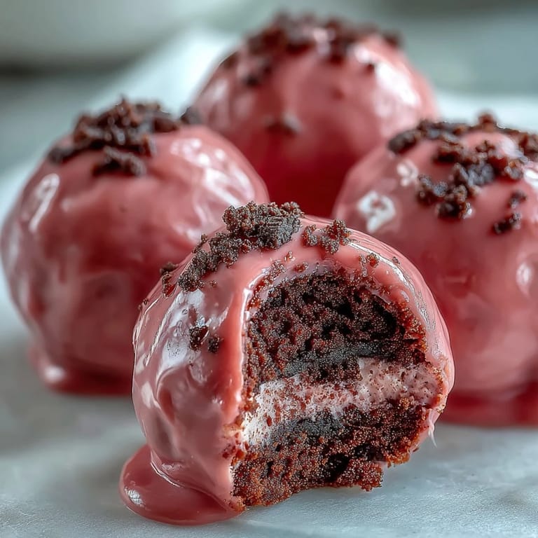 Freshly made Oreo Truffle Balls arranged on parchment, showcasing their shiny pink coating, a perfect party dessert bite.