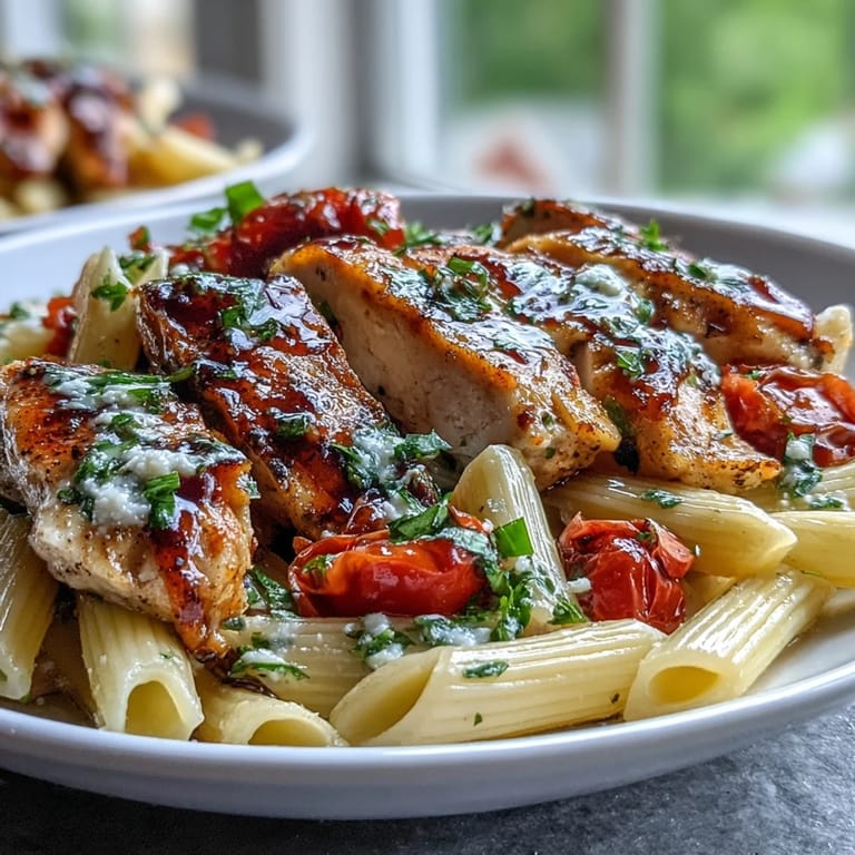 Bruschetta Chicken Pasta plated in a white dish, topped with torn basil leaves and a drizzle of olive oil, ready to serve.