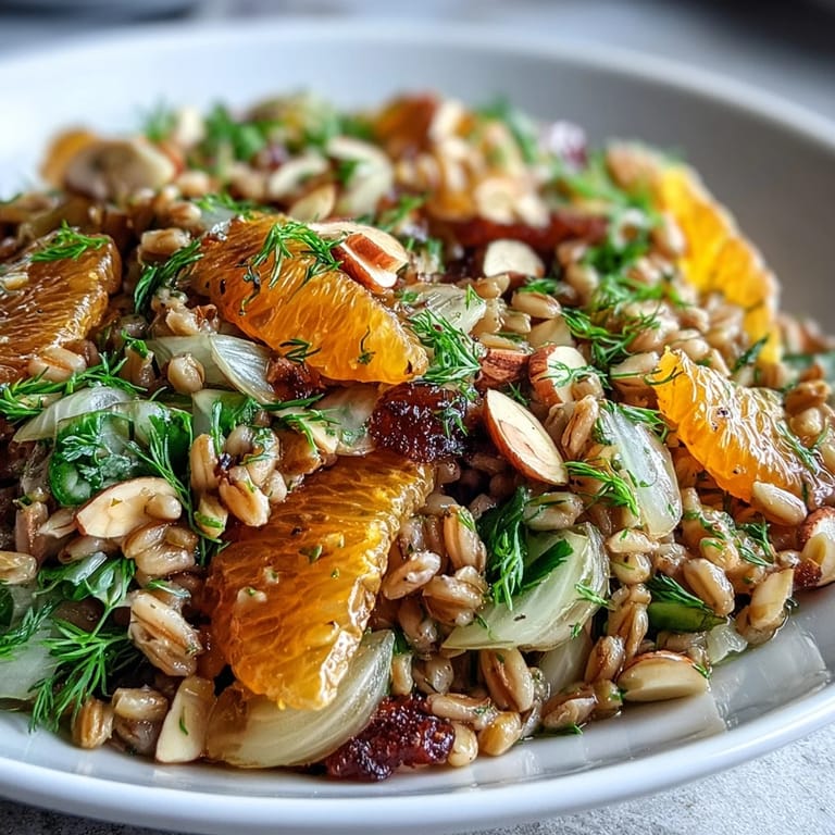 A hearty serving of Farro Salad Bowl featuring nutty grains, crisp fennel, and bright citrus, ready to eat from a wooden bowl.
