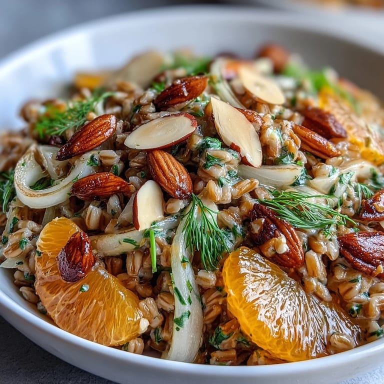 Freshly tossed Farro Salad Bowl with crunchy almonds, sliced red onion, and mixed greens, beautifully plated for a Mediterranean lunch.