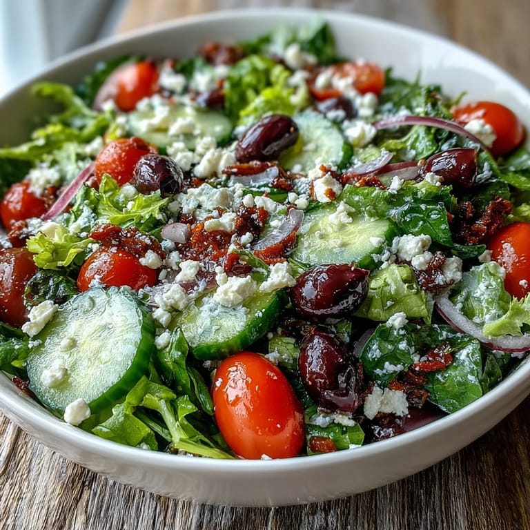 This vibrant Mediterranean Green Salad Bowl features sliced cucumbers, Kalamata olives, and a tangy Greek dressing.