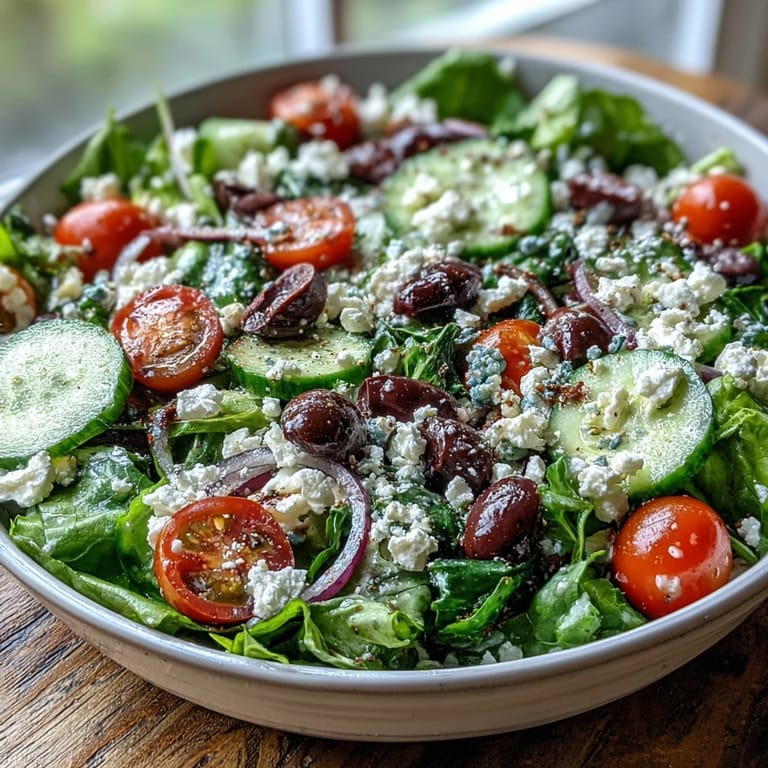 Tossed Mediterranean Green Salad Bowl topped with creamy feta, red onion, and herbs, served in a white bowl.
