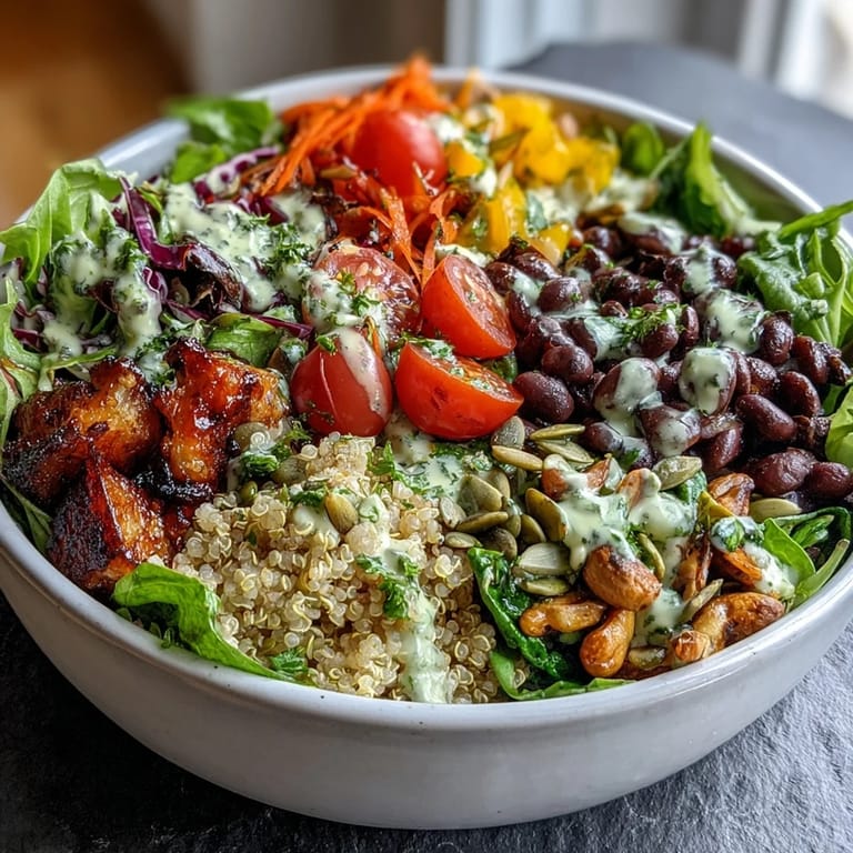 Colorful Rainbow Salad Bowl with purple cabbage, tomatoes, and carrots, perfect for a vegan dinner party side.