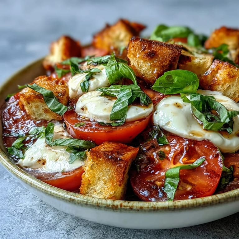 A vibrant Caprese Salad Bowl of creamy mozzarella, sliced tomatoes, and fresh basil, topped with crunchy bread cubes and olive oil.