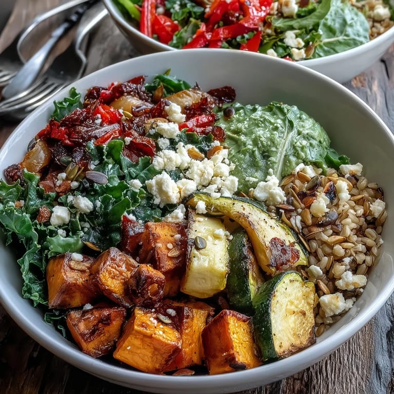 Steaming Warm Salad Bowl featuring tender roasted vegetables and kale nestled on a bed of brown rice, ready for a wholesome vegetarian dinner.