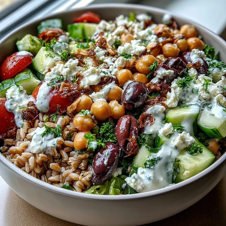 Fresh Mediterranean Farro Bowl served with tahini dressing, vibrant veggies, and crumbled feta.