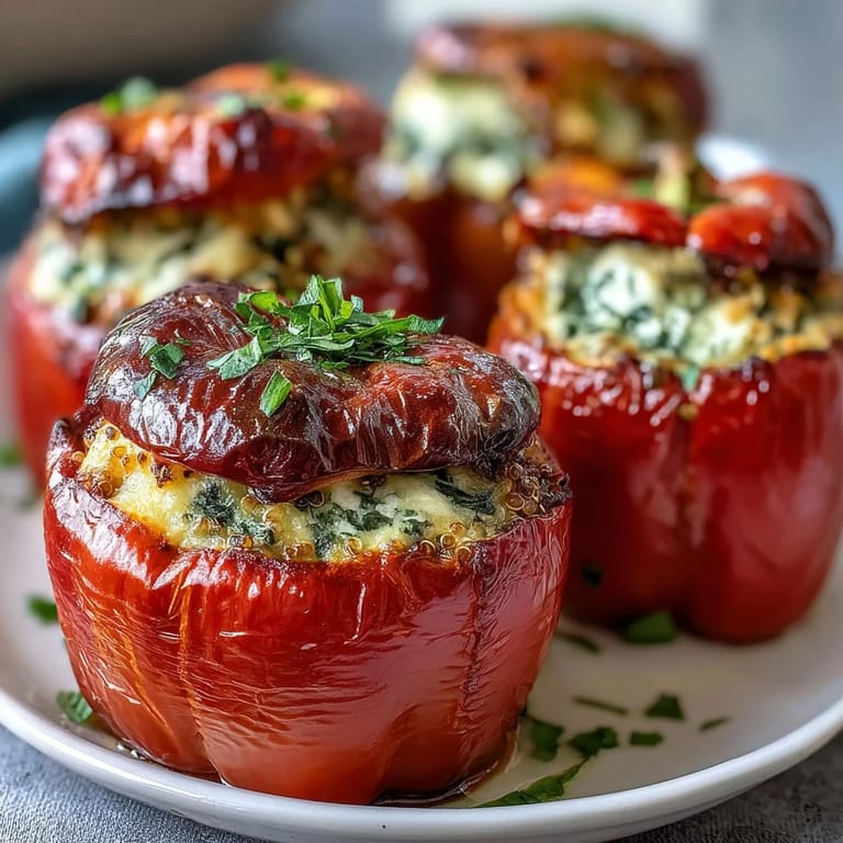 Vibrant stuffed bell peppers filled with seasoned quinoa, fresh herbs, and diced vegetables, offering a hearty vegetarian dinner option.
