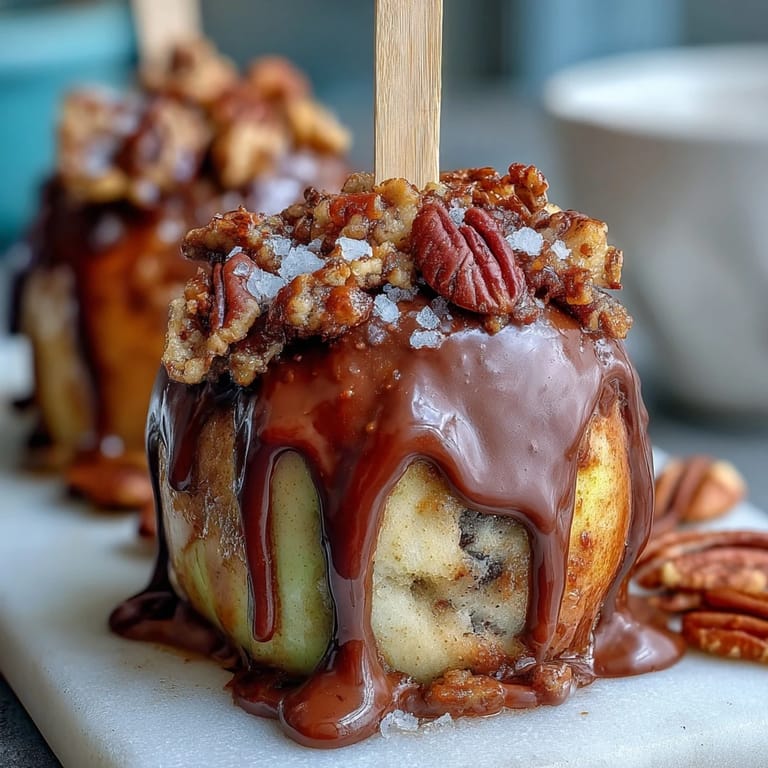 Crisp apple slices coated in rich caramel and topped with a glossy dark chocolate drizzle, perfect for fall gatherings or Halloween parties.