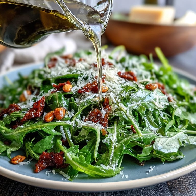 Vibrant lemon vinaigrette arugula salad topped with delicate Parmesan shavings and toasted pine nuts, offering a refreshing burst of flavor in every bite.