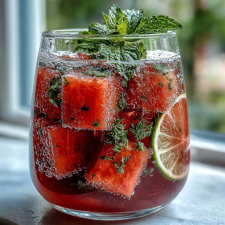 A vibrant, non-alcoholic watermelon and mint spritz mocktail with sparkling water, perfect for summer parties or relaxing afternoons.