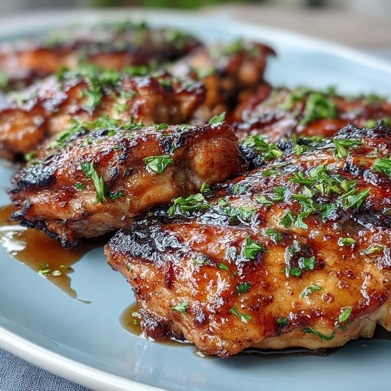Sticky-sweet honey garlic grilled chicken thighs served with fresh parsley and lemon wedges for brightness.
