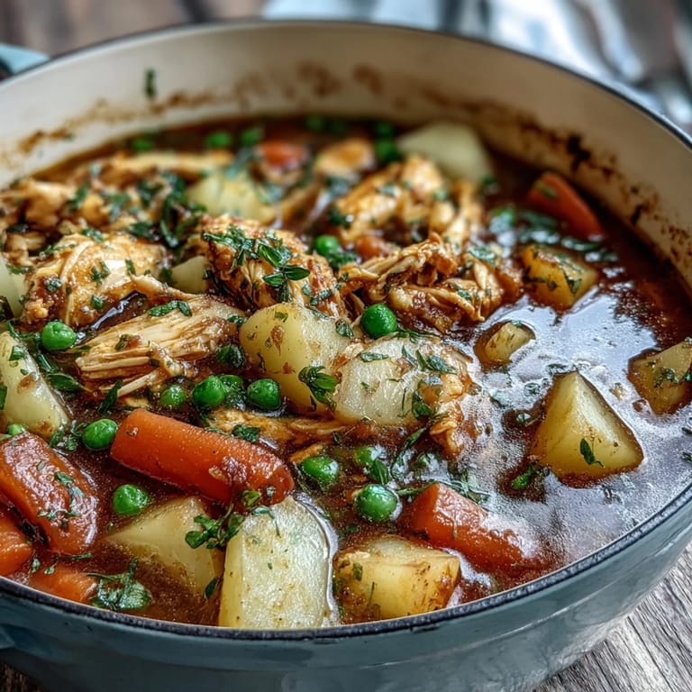 Hearty Slow Cooker Chicken Pot Pie Soup with shredded chicken, potatoes, and peas in a rich, savory broth.
