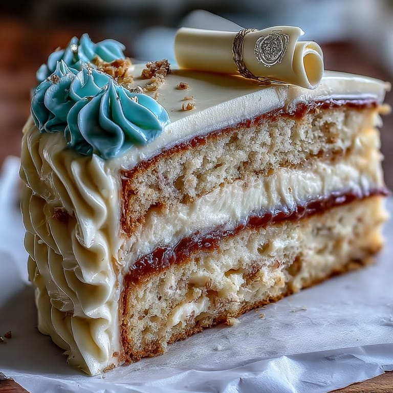 Creamy vanilla buttercream frosted graduation cake with golden foil accents and a fondant diploma topper for a classy finish.