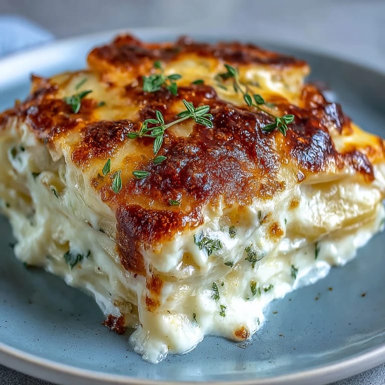 Layered Yukon Gold potatoes in a silky Gruyere cream sauce, topped with melted cheese and thyme for a comforting, elegant side dish.