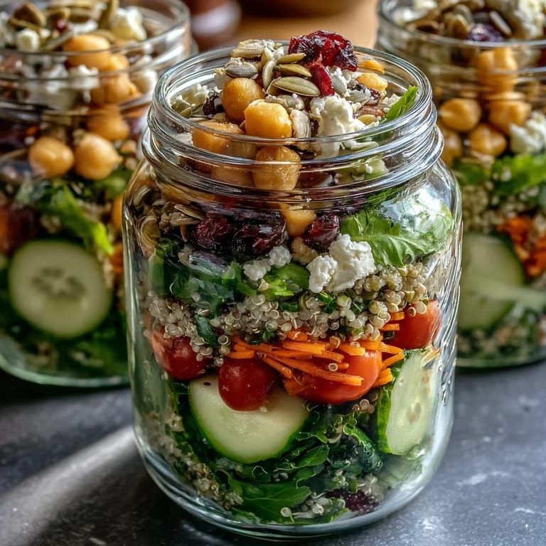 Nutritious layered salads in mason jars featuring crisp vegetables, hearty grains, and zesty homemade dressing.