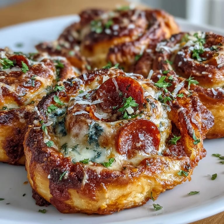 Crispy, flaky pastry spirals bursting with marinara, melted cheese, and zesty pepperoni—ideal for parties or snacks.  