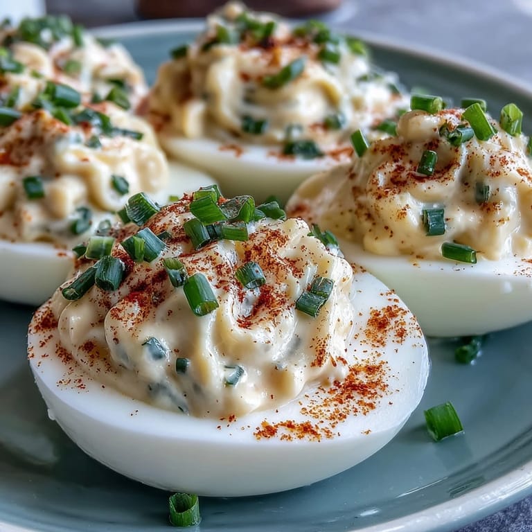 A platter of classic deviled eggs with paprika and chives, tangy mustard filling in smooth egg whites, garnished for elegant appetizers.
