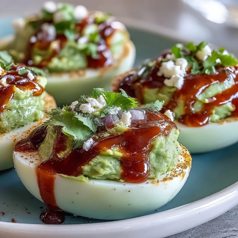 Healthy avocado deviled eggs topped with Sriracha, perfect for parties or light snacking.