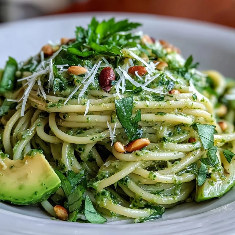 Fresh basil and avocado pesto coats tender pasta, perfect for a light meal.