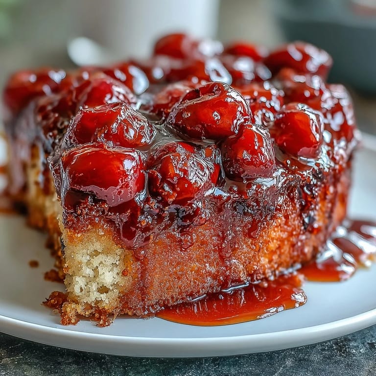 Gorgeous cherry almond upside-down cake, perfect served warm with cream.