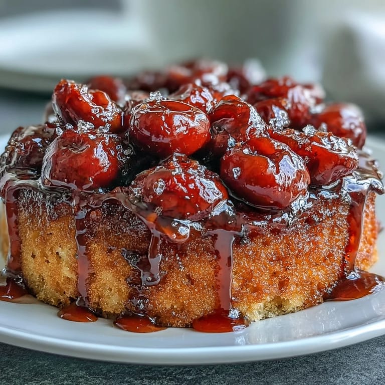 A ruby-red cherry almond upside-down cake, showcasing its golden crust.
