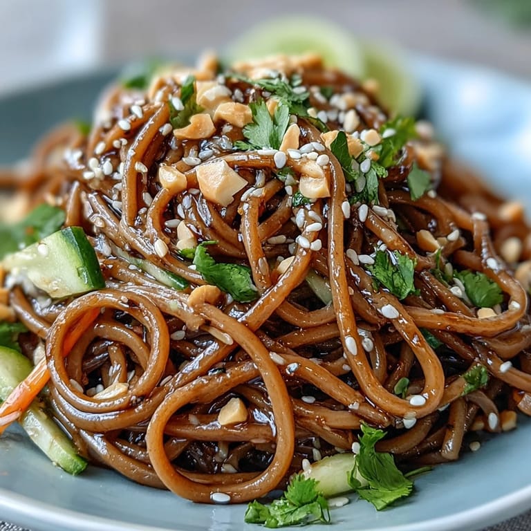 Delicious cold soba noodle salad with colorful veggies tossed in tangy dressing, ready to serve.
