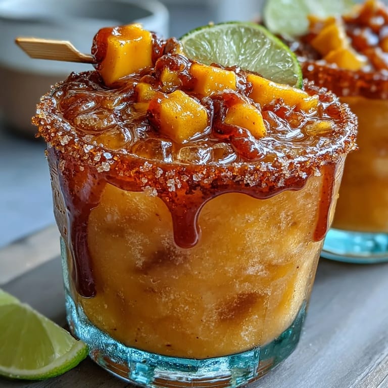 Frozen mango chamoyada slush loaded with fresh mango and zesty lime for refreshing fun.