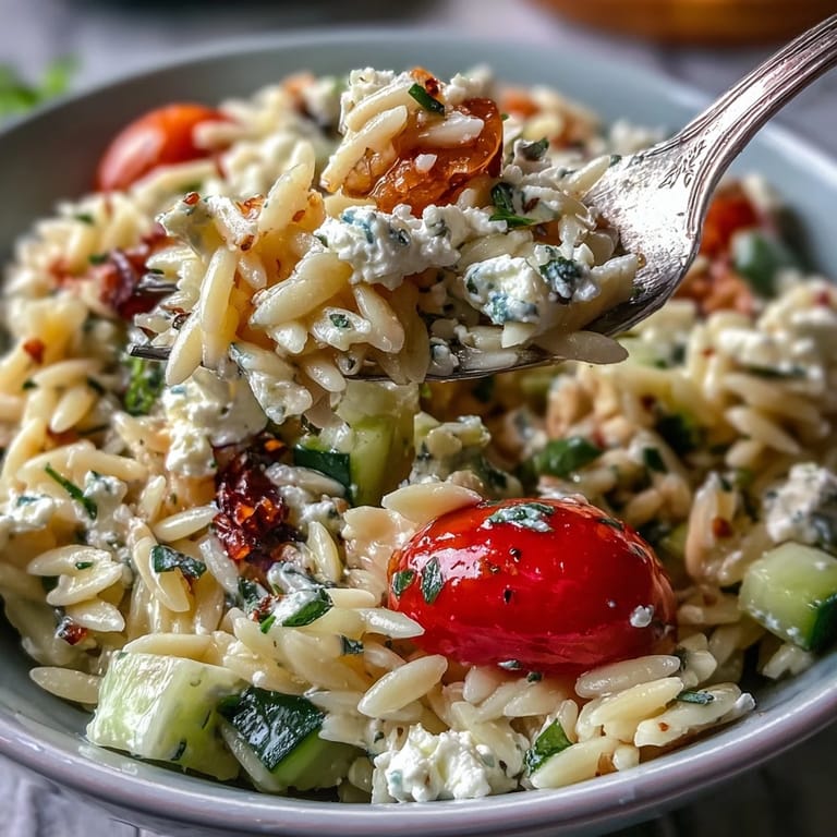 Light orzo salad featuring cucumber, feta, and zesty lemon dressing, perfect for lunch.