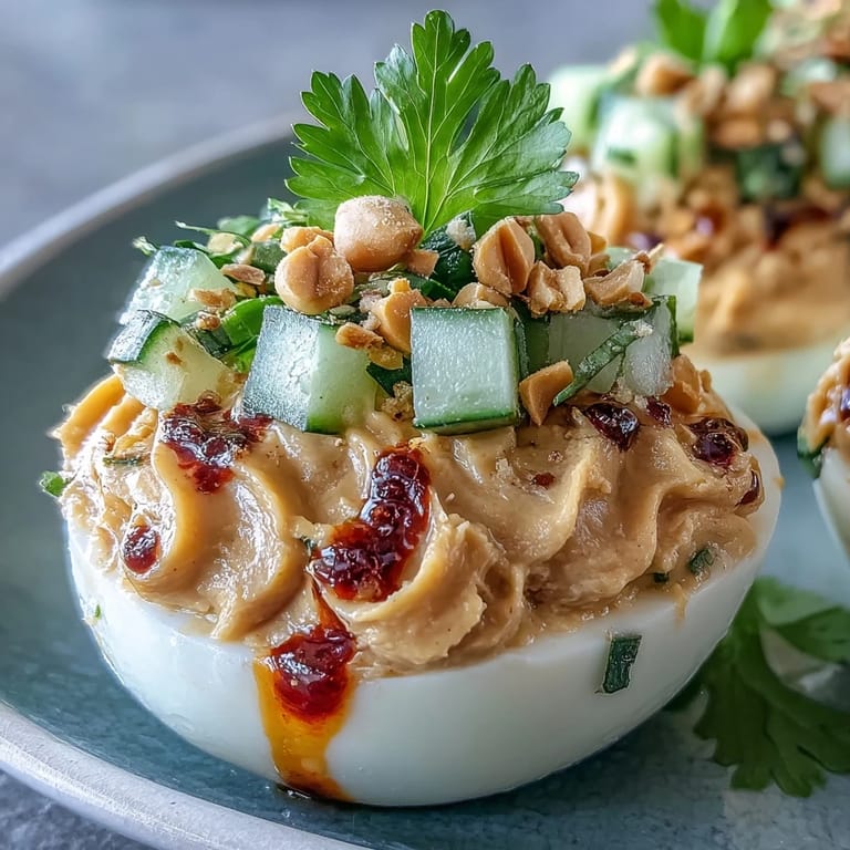 Spicy Thai Peanut Deviled Eggs topped with fresh, vibrant cucumber relish.