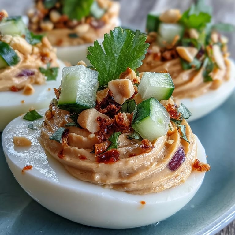Delicious Thai Peanut Deviled Eggs, perfectly seasoned and ready to serve.