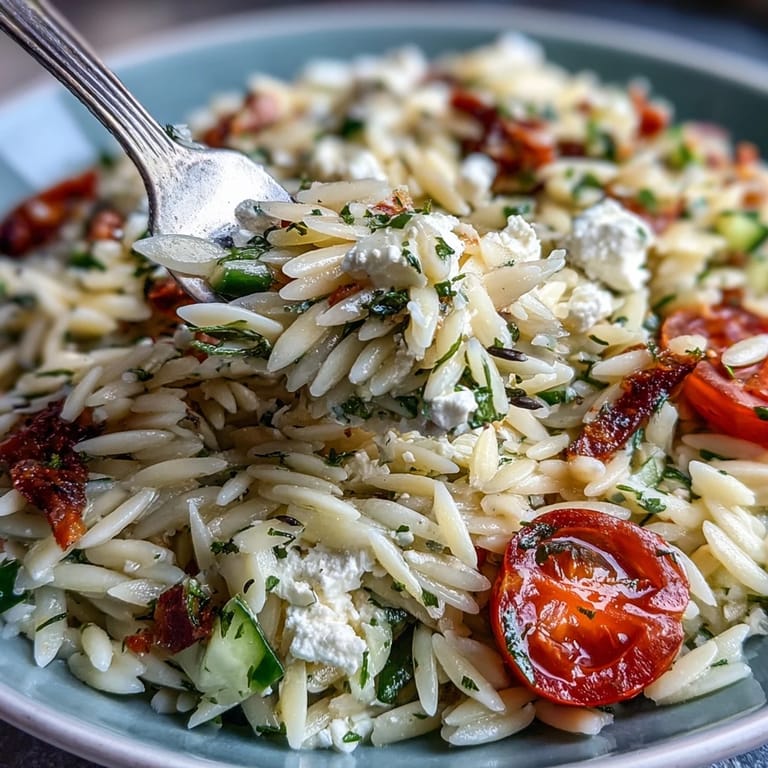 Fresh orzo salad with crumbled feta, crisp cucumber, and bright lemon dressing ready to serve.