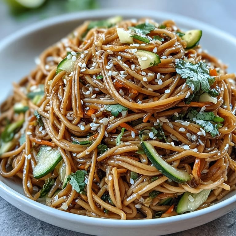 Chilled soba noodle salad, bursting with garden freshness and irresistible savory sesame ginger dressing.