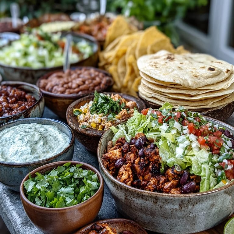 Assembled DIY Taco Bar for Outdoor BBQ, overflowing with seasoned meats and toppings.