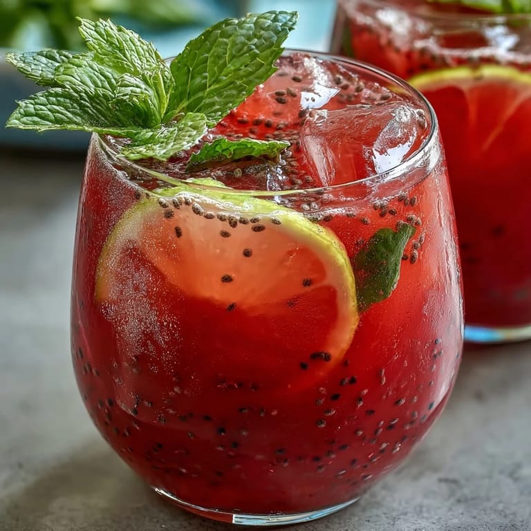 Refreshing dragon fruit lemonade served over ice with chia seeds and mint.