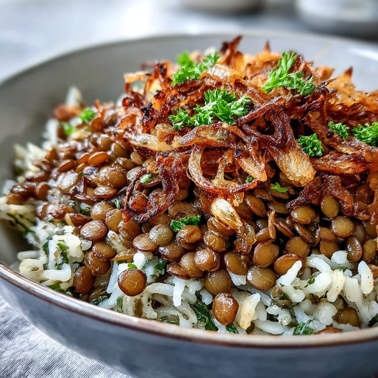 Savory Levantine Mujadara featuring fragrant spices and piled high crispy onions.