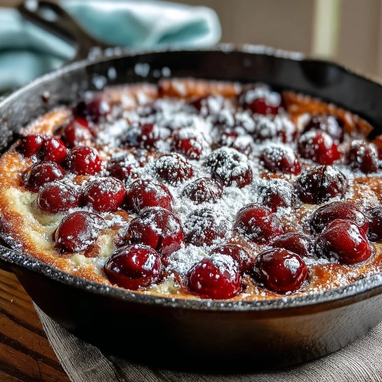 A rustic baking dish full of warm Fresh Cherry Clafoutis dusted with powdered sugar.