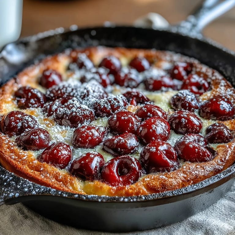 Beautifully browned Fresh Cherry Clafoutis, a French dessert showcasing sweet, juicy cherries.