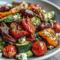 Warm Roasted Greek Salad bursting with caramelized vegetables and tangy feta cheese.