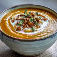 Steaming bowl of roasted butternut squash soup garnished with pumpkin seeds.